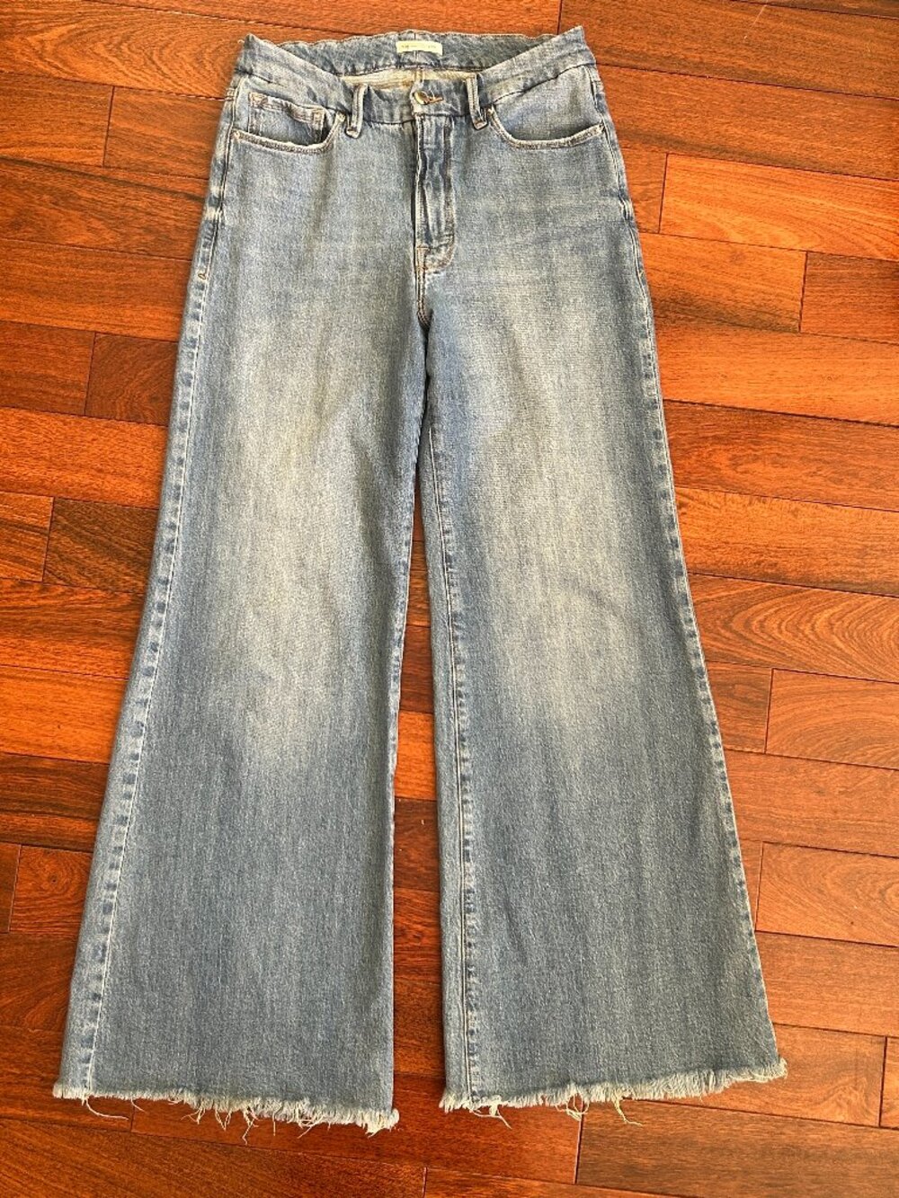 Good American Good Icon Jeans Size 10/30 High Rise Wide Leg Raw Hem Light Wash